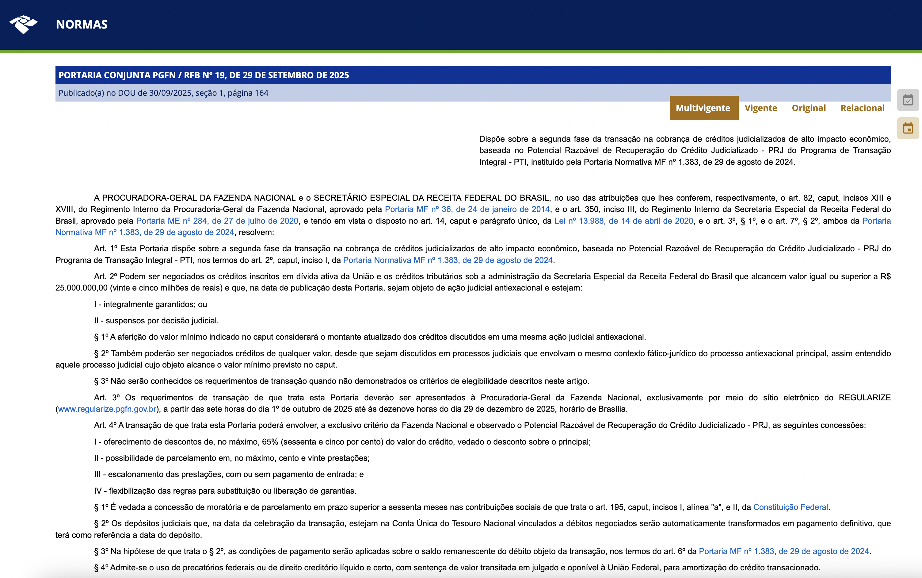 Portaria Conjunta PGFN/RFB nº 19, de 29 de setembro de 2025 - Documento oficial que regulamenta o Programa Litígio Zero